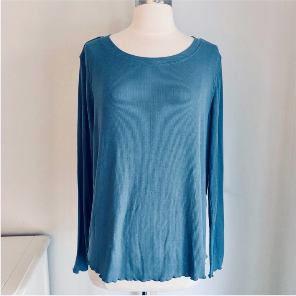 JoyLab Dusty Blue Ribbed Knit Round Neck Tee Flutter Back, Size XL